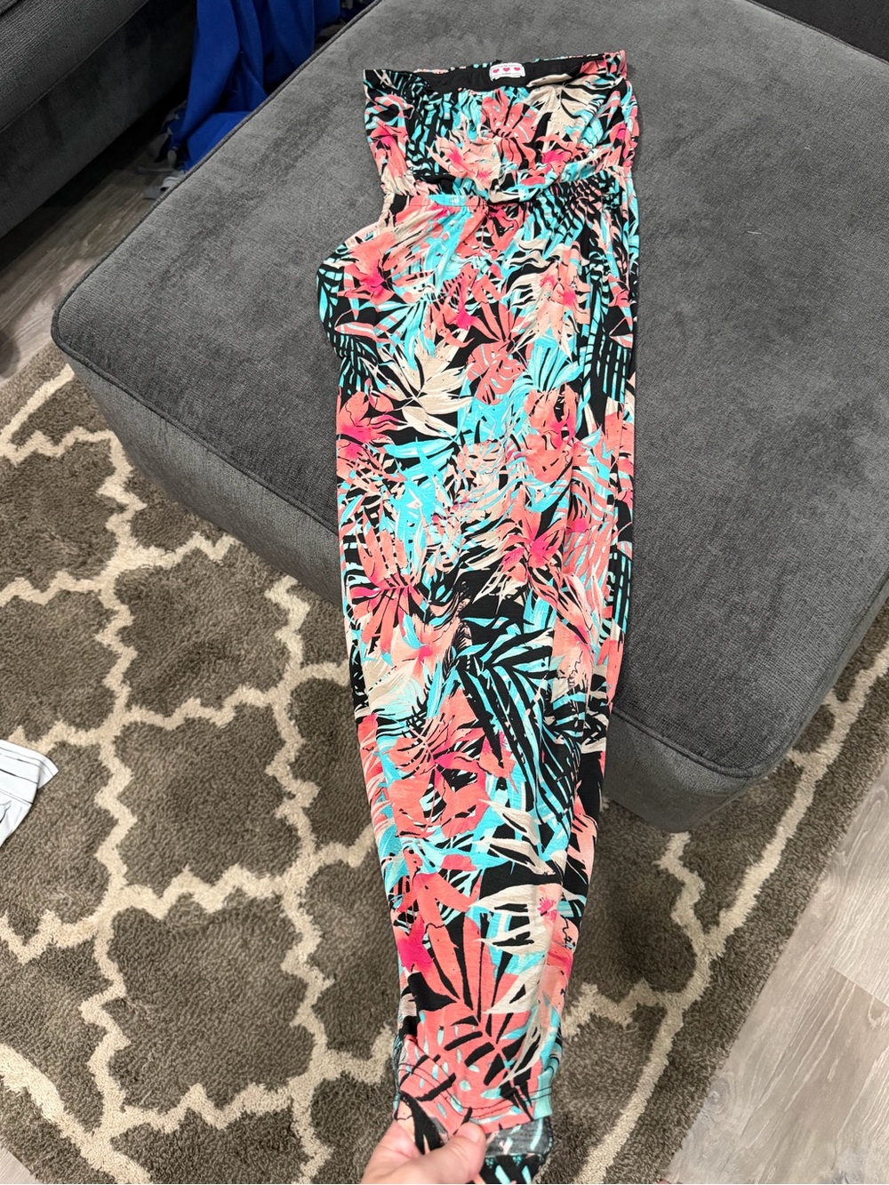 Tropical Print Strapless Dress with pockets in Black, Coral & Aqua